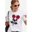 Summer Simple Chic Floral Printed Round Neck Short Sleeve White Casual Tee