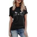Cute Cartoon Cat Pattern Basic Round Neck Short Sleeve Loose Casual T-Shirt