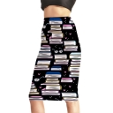 Funny Cartoon Book Glasses Printed Black Midi Bodycon Pencil Skirt