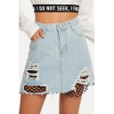 Trendy Light Blue Distressed Ripped Mesh Fishnet Patched Mini A-Line Denim Skirt