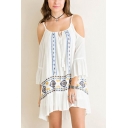 Womens Summer Holiday Boho Style Cold Shoulder Tribal Print White Mini Ruffled Dress