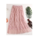 Spring Girls Chic New Fashion Simple Plain Double Layered Mesh Beading Embellished Floral-Embroidered Maxi Elastic Waist A-Line Skirt