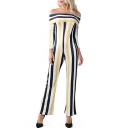 Womens Chic Off Shoulder Long Sleeves Striped Print Slim Jumpsuits for Party