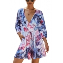 Women's Hot Fashion Sexy Plunge V-Neck Long Sleeves Tie Dye Self-Tie Casual Holiday Romper
