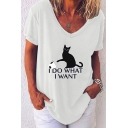 Summer Hot Fashion Plain Letter Want Cat Printed V Neck Short Sleeve Casual Loose Blouse T-Shirts