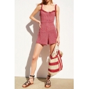 Summer New Arrival Red Check Printed Straps Sleeveless Sweet Womens Jumpsuits