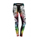 Stylish Halloween Style Elastic Waist Colorful Letter Skull Printed Fitted Legging Pants