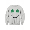 Unique Funny Weed Smile Face Pattern Grey Long Sleeve Pullover Sweatshirt