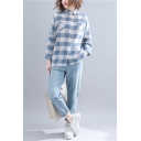 Womens Light Blue Plaid Printed Long Sleeve Button Down Loose Fit Shirt