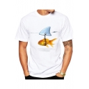 Simple Goldfish Printed Round Neck Short Sleeve White Casual Tee