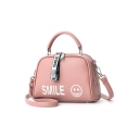 Popular Fashion Letter SMILE Emoji Printed Ribbon Embellishment PU Leather Zipper Satchel Shoulder Bag 20*11*14 CM