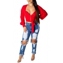 Womens Sexy High Waist Destroyed Ripped Hole Rolled Cuff Regular Fit Blue Jeans