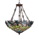 Tiffany Blue Peacock Feather Patterned Bowl Shade Pendant Light in Antique Brass Finish