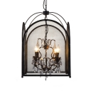 Living Room Candle Pendant Lamp with Mesh Screen & Crystal Metal 4 Lights Black Chandelier