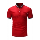 Mens Fashion Contrast Stripe Trim Stand Collar Short Sleeve Fitted Polo Shirt