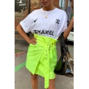 New Trendy Paperbag High Rise Tied Waist Plain Flourescent Green Mini Skirt