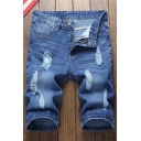 Popular Fashion Ripped Detail Simple Plain Zip-fly Blue Denim Shorts for Men