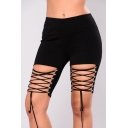 Womens Summer Hot Trendy Sexy Hollow Out Lace-Up Plain Black Skinny Half Shorts