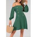 Womens Summer Vintage Green Sexy Cold Shoulder Spaghetti Straps Button Embellished Mini A-Line Dress