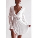 Summer Chic Hollow Out Lace-Panel Surplice V-Neck Long Sleeve White Mini A-Line Dress