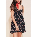 Summer Girls Sweet Allover Cherry Printed Open Back Bow-Tied Straps Mini Beach Cami Dress