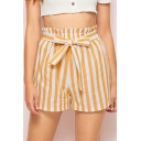 Womens Stylish Yellow Vertical Striped Print Bow-Tied Waist Casual Paperbag Shorts