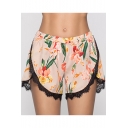 Womens Fancy Floral Pattern Elastic Waist Lace-Trim Casual Dolphin Shorts