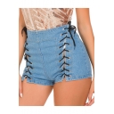 Womens Sexy Night Club High Rise Hollow Lace-Up Front Blue Hot Pants Denim Shorts