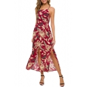 Womens Popular Vintage Red Floral Printed Sexy Strappy Cutout Back Split Side Maxi Cami Dress