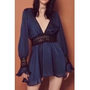 Trendy Hot Sexy Boho Style Plunge V-Neck Long Sleeve Back and Front Cutout Lace Patchwork Mini Dress for Party