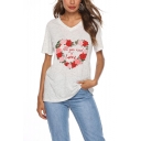 ALL YOU NEED IS LOVE Heart Flower Print V-Neck Short Sleeve Grey T-Shirt