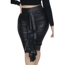 Womens Fashion Black Pu Elastic Waist Ruffle Ribbon Front Embellished Mini Bacon Skirt