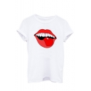 Summer Hot Stylish White Red Lip Printed Round Neck Short Sleeve Chic Blouse Shirts