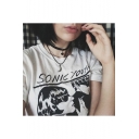 New Trendy Womens Hot Street Style White Short Sleeve Letter Sonic Youth Printed Fancy T-Shirts