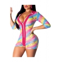 New Arrival Womens Multicolor Leaf Print Long Sleeve Zip-Front Stretch Mesh Hoodie Rompers