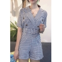 Summer New Stylish Check Printed High Waist Button Embellished Lapel Collar Rompers