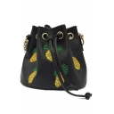 Lovely Pineapple Embroidery Pattern Drawstring Bucket Bag 18*15*12 CM