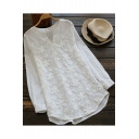 Hot Popular Chic Lace Embroidery V-Neck Long Sleeve Loose Fit Blouse for Women