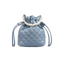 Women's Trendy Solid Color Diamond Check Quilted Pearl Handle Drawstring Bucket Bag 22*18*7 CM