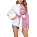 Trendy Colorblock Striped Printed Bow-Tied Front Button Down Long Sleeve Shirt