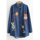 Cute Cartoon Animal Embroidery Long Sleeve Button Down Blue Chambray Shirt