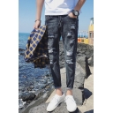 Men's Fashion Rolled Cuffs Black Casual Ripped Tapered Jeans