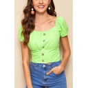 Summer Vintage Square Neck Puff Sleeve Button Down Flourescent Green Fitted Blouse
