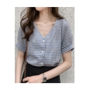 Summer Girls Trendy Plaid Print V-Neck Short Sleeve Button Down Shirt Blouse