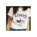 Cool Letter LOSERS Paper Boat Print Short Sleeve Round Neck White Graphic Tee