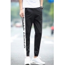 Men's Trendy Letter Printed Elastic Cuffs Black Casual Track Pants