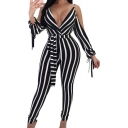 Womens Hot Sexy Striped Print Plunge V-Neck Cold Shoulder Backless Long Sleeves Tie Waist Slim Jumpsuit