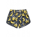 Womens Summer Cartoon Banana Printed Drawstring Waist Quick Dry Beach Swim Shorts