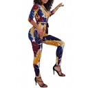 Womens Stylish Plunge V Neck 3/4 length Sleeves Self-Tie Leaf Print Slim Fitted Jumpsuits