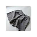 New Trendy Dark Grey Simple Plain Elastic Waist Cotton and Linen Shorts